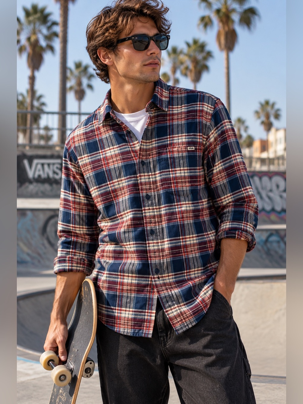 Vans Men’s Plaid Flannel Button Down Shirt Burgundy Navy Size Small